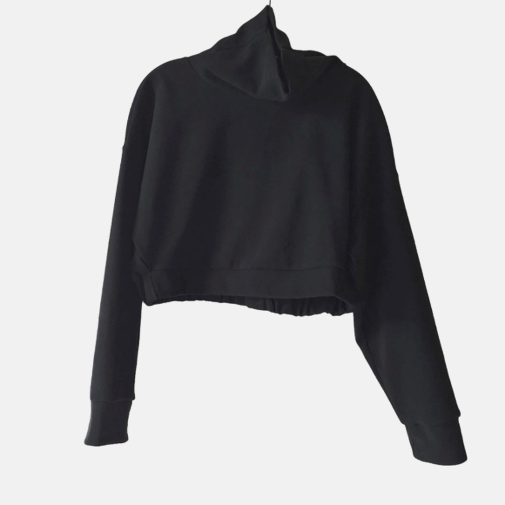 Oak +‎ Fort Extra Small Black Long Sleeve Elastic Hem Cropped Turtle-Neck Top